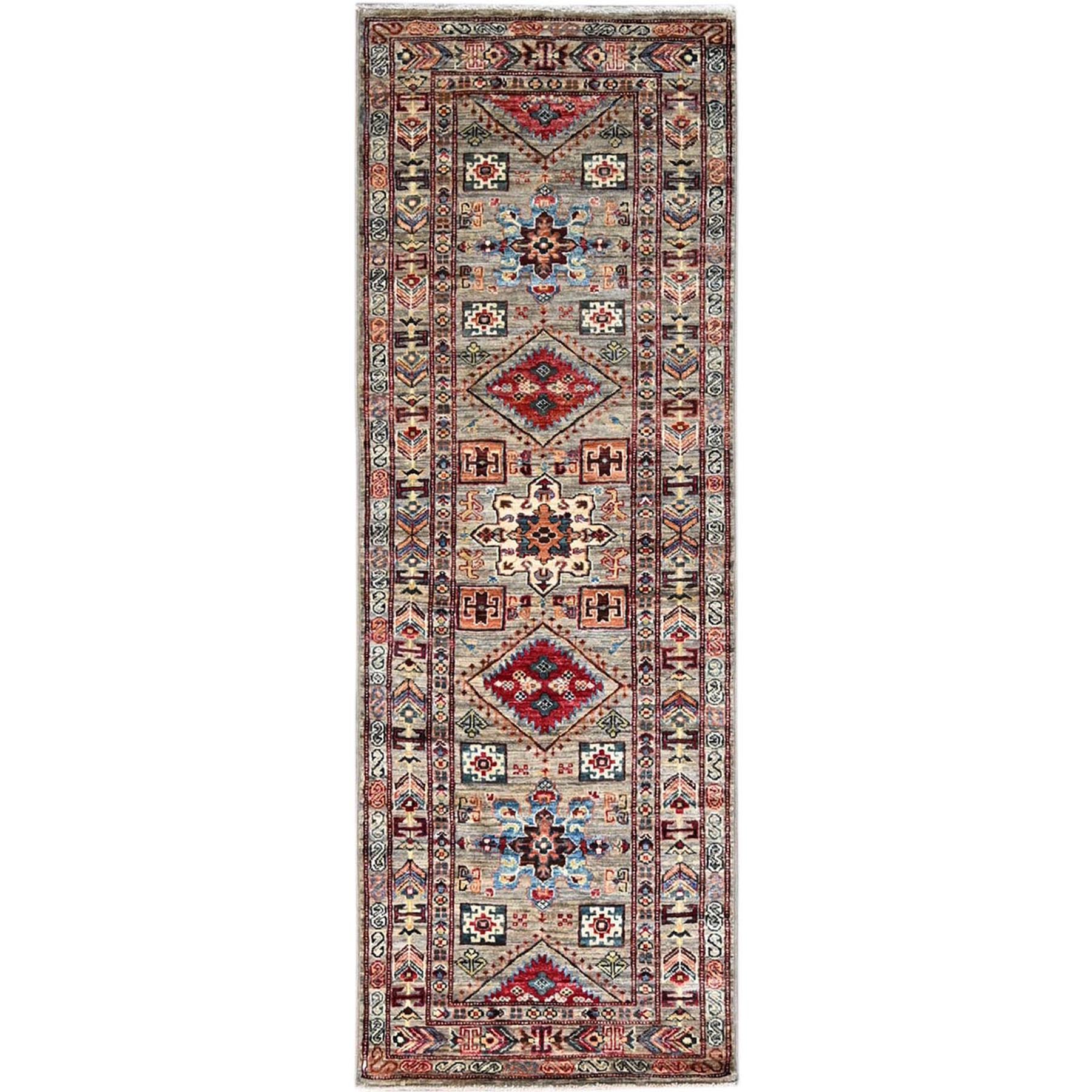 Colonnade Gray, 100% Wool, Vegetable Dyes, Densely Woven Afghan Hand Knotted Super Kazak with Geometric Elements, Runner Oriental Rug